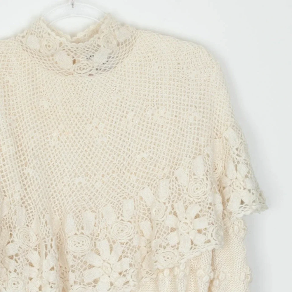 Catharine Lover‎ Womens Hand Knitted Victorian Style Wool Sweater Size L Ivory